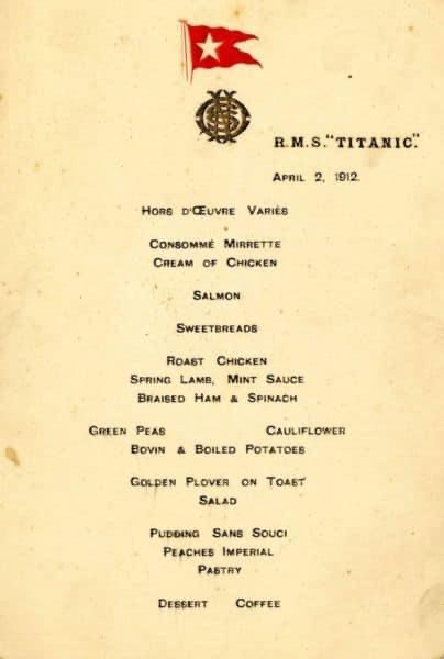Menu Titanic prøvesejlads